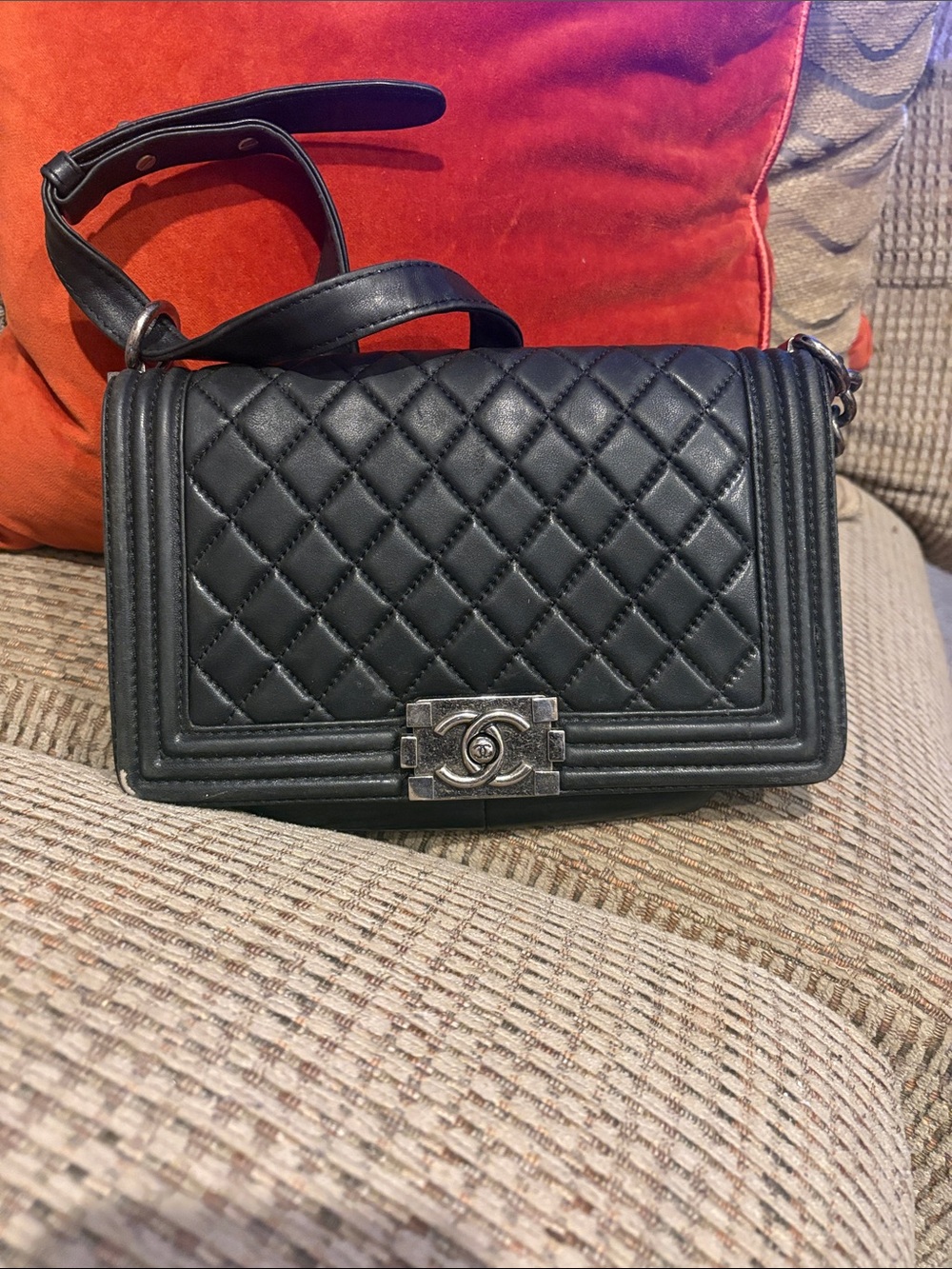 CHANEL Black Quilted Boy Crossbody with Silver CC Lock